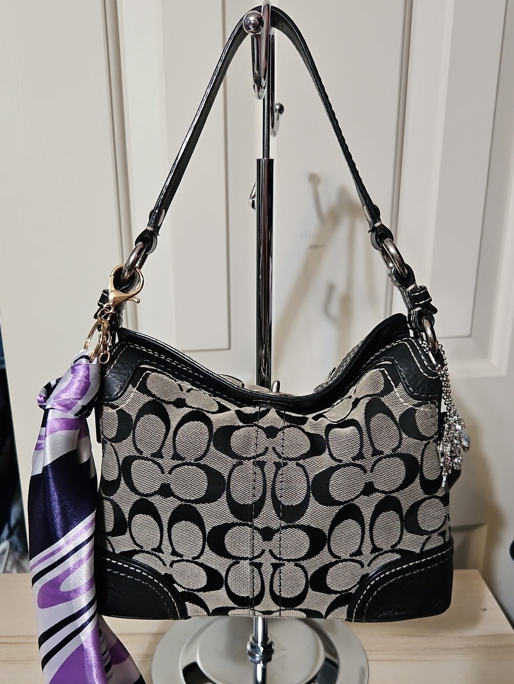 Coach Black and Beige Signature Canvas Shoulder Bag with Purple Scarf